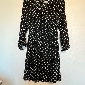 LOFT Black Dress with White Abstract Dot Print, Long Sleeve